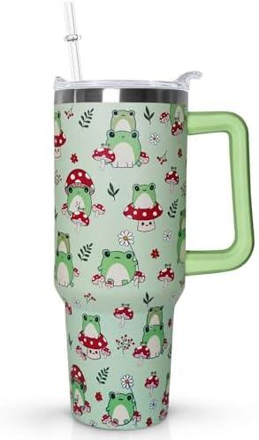 Ceovfoi 40 oz Frog Tumbler With Handle, Lid and Straw - Cute Green Kawaii Mushroom Gifts for Women, Decor, Accessories