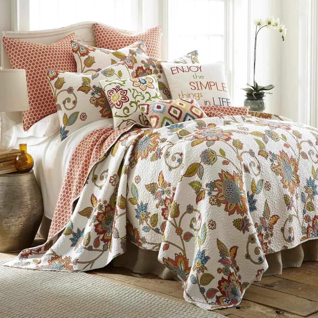 Levtex Home - Clementine Quilt Set - King/Cal King Quilt 106x92in. + Two King Pillow Shams 36x20in. - Floral - Orange, Yellow, Teal, Green, Blue, Red and White - Reversible - Cotton Fabric