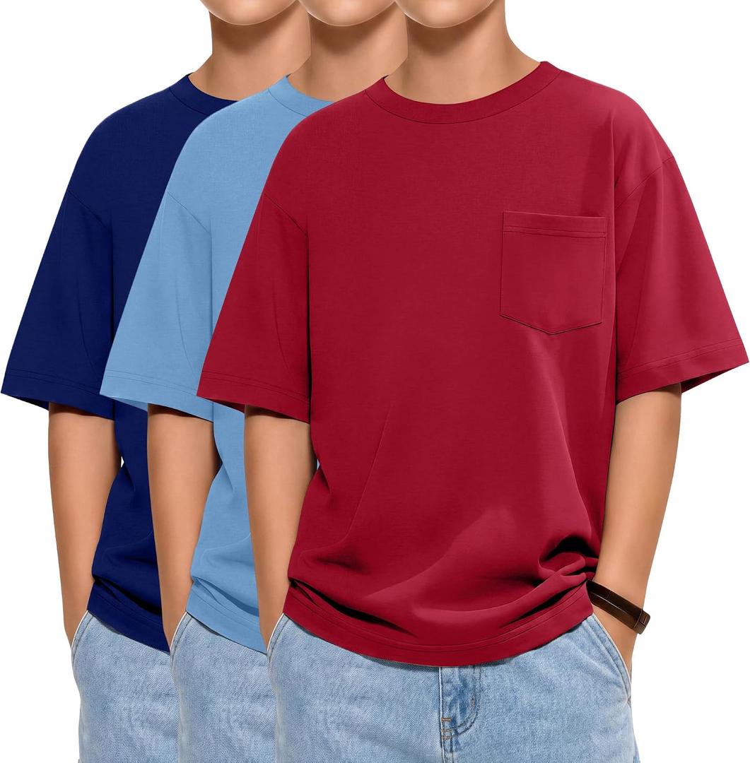 LessonZoo 3 Pack Boys T Shirts Kids Oversized Shirts Short Sleeve Crewneck Tees Loose Fit Casual Summer Basic Tops 5-14 Years(Coral Red, Light Blue, Navy Blue,7-8 Years)