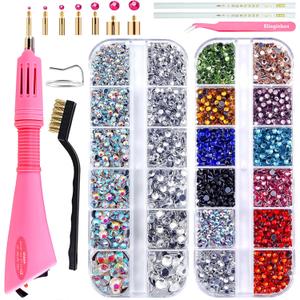 Blinginbox Hotfix Rhinestone Setter, Hot Fix Applicator Tool Bedazzler Kit with Rhinestones, Kit, Hot Fixed Wand for Clothes Clothing Fabric Crafts, 4000 Pcs, AB Crystal, Clear,7 Gems Sizes (Pink)