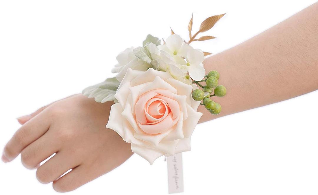 Ling's Moment 6pcs Wedding Wrist Corsage Artificial Flowers, Girl/Mother Homecoming Prom Corsages Wristlet Dcor, etc. Peach Pink (Pk-peach & Pink)