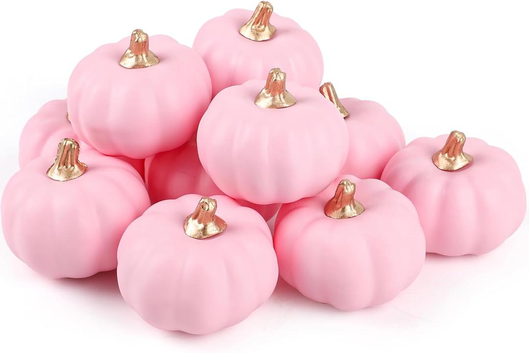 FOIMAS 12pcs Pink Artificial Pumpkins,Small Faux Pumpkins Lifelike Foam Pumpkin for Fall Halloween Thanksgiving Home Decoration Harvest Decor