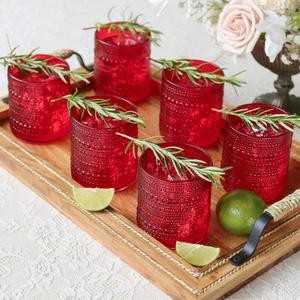 Kate Aspen Retro Arch Floral Red Drinking Glasses Set of 6, 10 oz Vintage Ribbed Glass Cups, Christmas Glassware & Holiday Drinkware, Valentines Day & Holiday Hostess Gift
