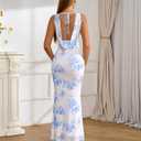GLNEGE Women's Summer Floral Bodycon Maxi Dress Sexy Backless V Neck Wedding Guest Dresses 2025 (Blue, XL)