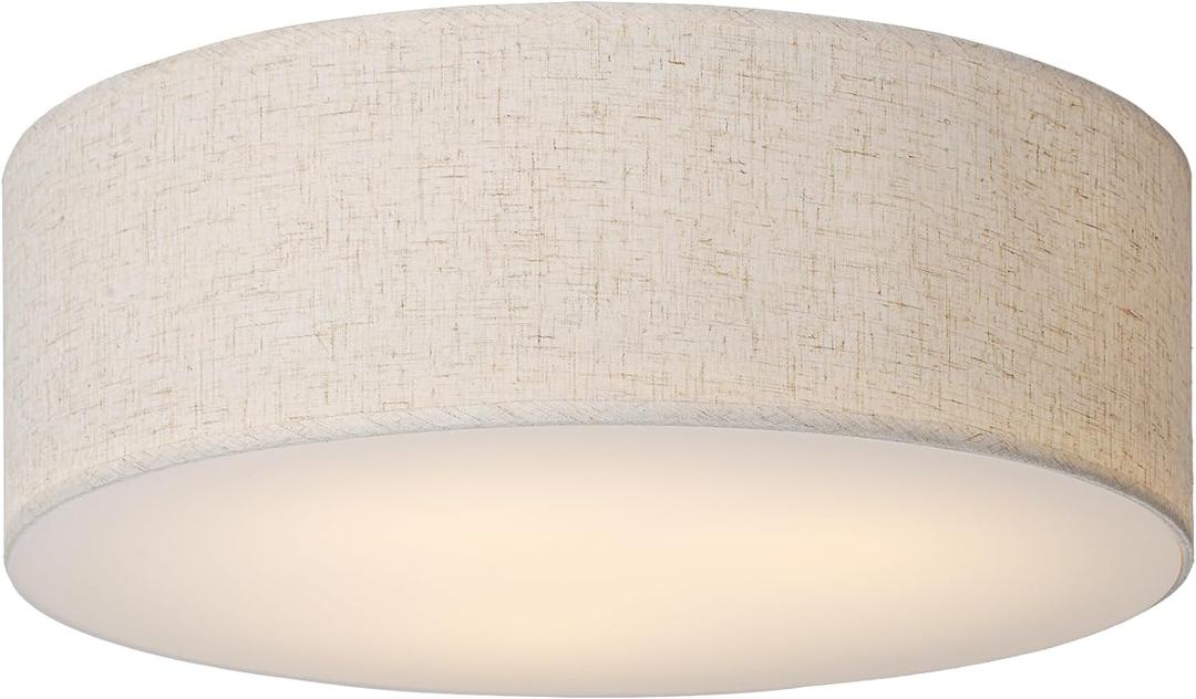 18-Inch Large Flush Mount Ceiling Light Fixture with Fabric Shade, Modern Drum Closed to Ceiling Lighting for Living Dining Room, Bedroom, Kitchen, Foyer - Farmhouse 3-Light Lamp & Chandelier (Beige)