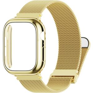 Waterproof Stainless Steel Milanese Band with Case Compatible for Apple Watch 42mm  Women/Men,Magnetic Strap for iWatch Series  3 2 1  (Gold)