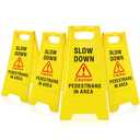 Geetery 4 Pcs Slow Down Floor Sign Two Sided Folding Bright Yellow Warning Signs for Commercial Use