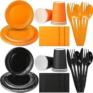 Dandat 280 Pieces Halloween Complete Tableware Pack 9" 7" Dinner Dessert Paper Plates 9oz Cups Napkins Plastic Forks Knives Spoons for Halloween Birthday Party Supplies, Serves 40(Black Orange) Dandat 280 Pieces Halloween Complete Tableware Pack 9" 7" Dinner Dessert Paper Plates 9oz Cups Napkins Plastic Forks Knives Spoons for Halloween Birthday Party Supplies, Serves 40(Black Orange)