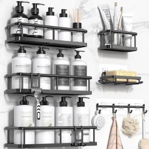 YASONIC Shower Caddy, 6 Pack Large Capacity shower Organizer with Soap Holder and 12 Hooks, Rustproof Shower Shelves for Inside Shower, No Drilling&Sleek Bathroom Organizers and Storage (Black)