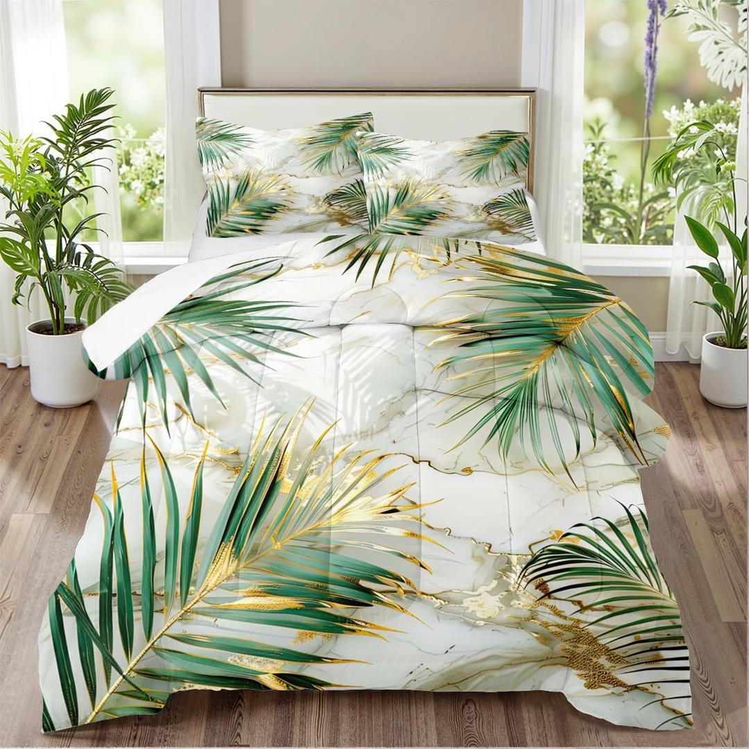 CCoutueChen Green Palm Leaf Comforter King Tropical Palm Leaves Comforter Sets Chic Botanical Leaf on White Gold Marble Comforter Set Aesthetic Art Bed Comforter with 2 Pillowcases (King(104" x 90"))