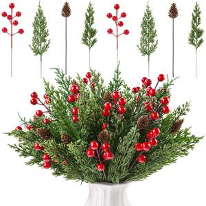 60 Pcs Christmas Artificial Pine Branches Red Berry Stems and Pine Cones, Fake Foliage Greenery Pine Needles Picks for DIY Craft Garland Wreath Xmas Embellishing Home Garden Decor