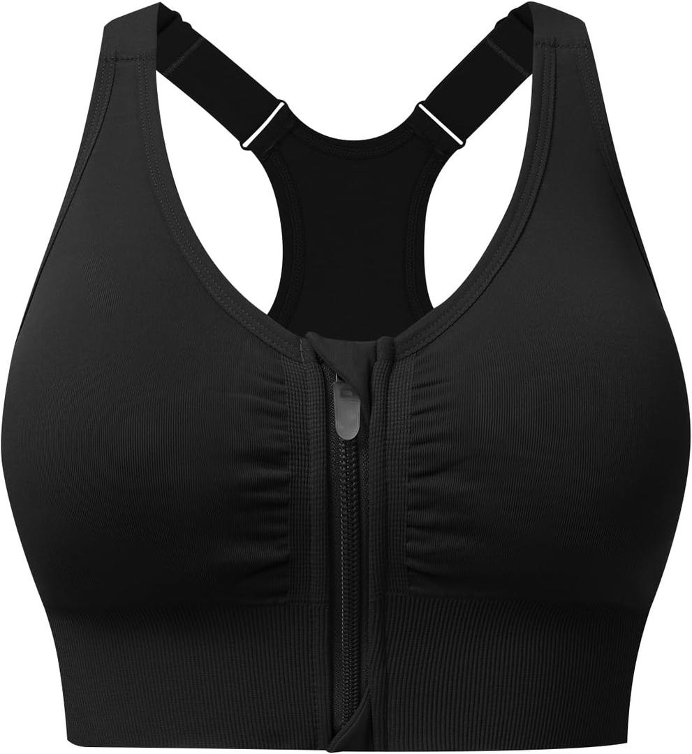 Zip Front Sports Bras for Women Adjustable Racerback Medium Support Bras Padded Post-Surgery Bras Seamless Yoga Athletic Bra (Black, XXL)