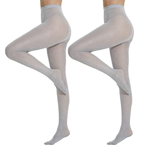 Yilanmy Shimmer Tights for Women Lurex Metallic Glitter Tights Sparkly Sheer Stockings 2 Pairs(L/XL,Silver)