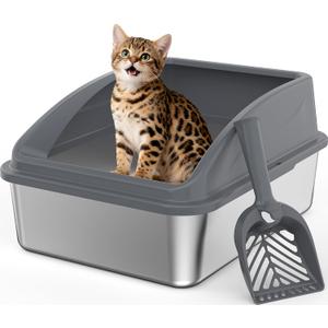 Stainless Steel Litter Box, Metal Kitty Litter Box with Scoop, Anti-Leakage Top Entry, Non-Sticky, Easy to Clean