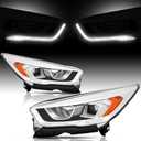 Headlights Assembly compatible with 2017 2018 2019 Ford Escape Halogen Projector Headlamp w/LED DRL Driver+Passenger,Chrome Housing