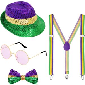 Fumwase 4PCS Mardi Gras Accessories Set for Men Women Sequin Hat Bow Tie Sunglasses Costume Suspenders