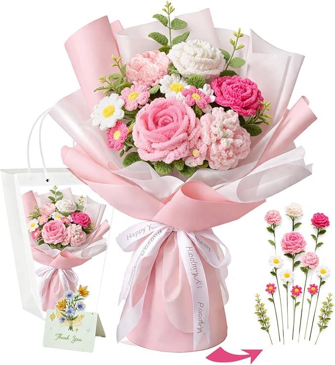 Handmade Crochet Flower Bouquet, Pink Rose & Carnation Knitted Flowers, Gift For Girlfriend, Birthday, Anniversary, Mother’s Day, Wedding Or Graduation (Includes Card) (Pink)