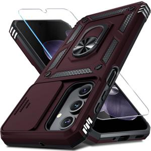 Janmitta Compatible with Samsung Galaxy A16 5G/4G Case Built in Slide Camera Lens Cover+Screen Protector+Finger Ring Holder Kickstand,Heavy Duty Shockproof Full Body Phone Cover,2025 Red