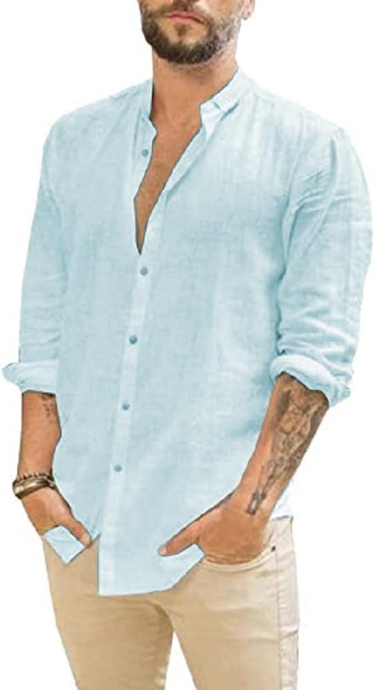 JEKAOYI Mens Casual Long Sleeve Cotton Linen Shirts Button Down Solid Plain Roll-Up Sleeve Summer Beach Shirts, M