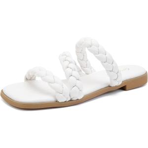 Greatonu Women's Square Toe Braided Flat Sandals Dressy Summer Open Toe Slides Sandals for Women 2025 Strappy Slip On Woven Sandals (10, White)