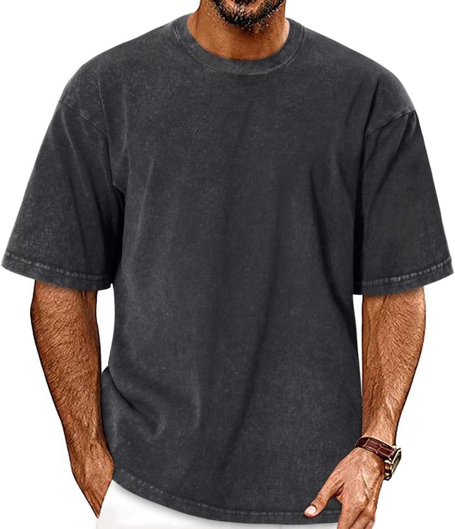 Oversized Tshirts for Men Short Sleeve Vintage Washed Basic Loose Tees (Black, L)