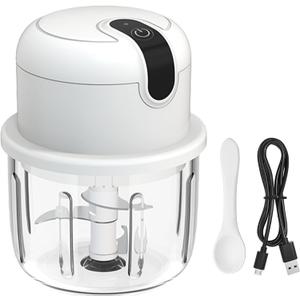 Mini Garlic Chopper, Cordless Electric Garlic Chopper Slicer with GLASS Cup, 10Oz Mini Food Grinder Processor for Small Vegetable Onion Tomato Pepper Herb, Anti-slip, incl USB cable, White