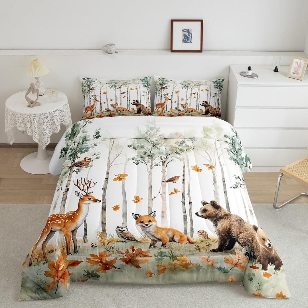 Feelyou Animal Comforter Set Full Size Deer Comforter for Boys Girls Teens Fox Bedding Set Bear Duvet Set Room Decor Forest Quilt Set (White)