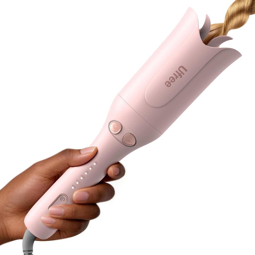Ufree Automatic Rotating Curling Iron, 1 Inch Ceramic Curling Wand, 1-Click Hair Curler with 3 Heat & Timers, Anti-Scald Design, 1M Ionic Care, Dual Voltage for Travel Beach Waves, Pink