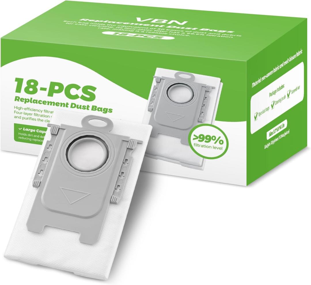 VBN 18 Packs Q10 Q7 Q5 Dust Bags for Roborock Q7 M5+, Q10 S5+/Q10 X5+, S8 Pro Ultra, S8+, Q7 Max+, Q5+, Q5 Max+, S7 Max Ultra,S7 Maxv Ultra and Q8 Max+ vacuum bag replacement, 3.6L
