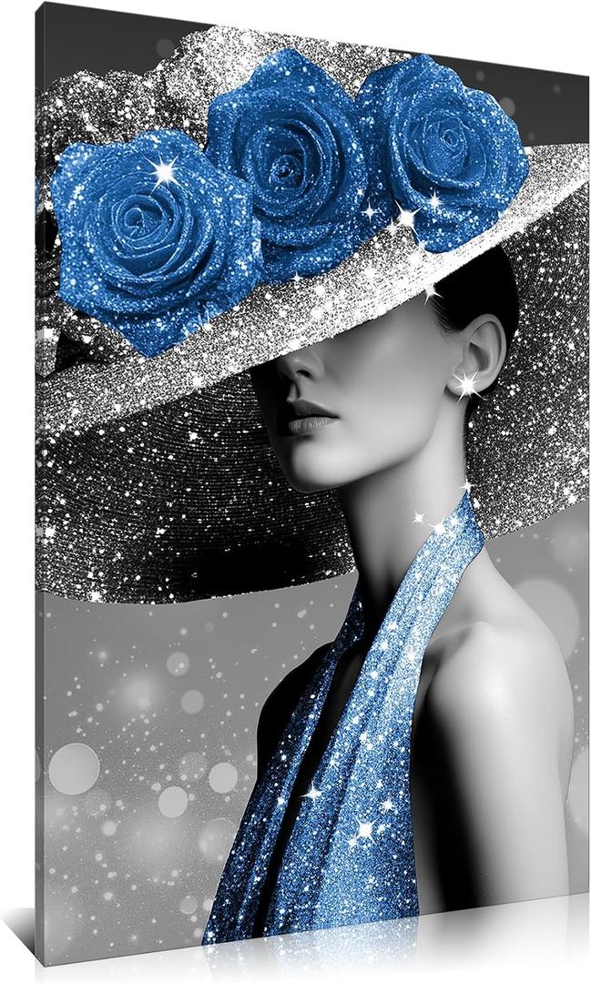 Kalormore Modern Canvas Wall Art Black White Woman Portrait with Sparkling Blue Roses Hat and Dress Gallery Wrapped Contemporary Painting for Living Room Home Decor Easy to Hang 24"x36" (Blue)