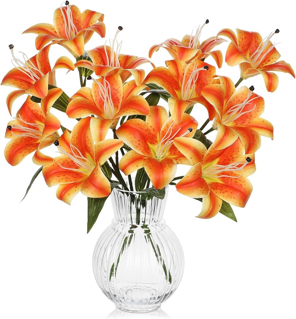 Hollyone 6 Heads Orange Artifical Lily Flowers 2Pcs Fake Fall Flowers Artificial for Decoration Faux Stargazer Lilies Flowers Bush Arrangement Bouquets Lily Stem for Indoor Outdoor Home Fall Decor
