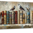 ChaudArt Vintage Canvas Wall Art Bird Painting Bookshelf Wallpaper Old Fashioned Bookcase Library Art Picture Poster Prints Farmed for Living Room Office Decor
, 40x20in