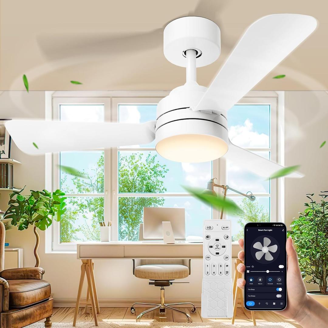 28"Ceiling Fans with Lights, Flush Mount Ceiling Fans with Light and Remote,Easy-to-install,Reversible,3000K-6500K,Dimmable,6 Wind Speed,Small ceiling fan light for Bedroom,Kitchen,Garage.White.
