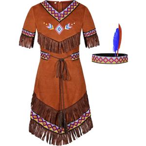 Gorkonpy Native American Costume Girls with Headdress (10-12 Years, Brown)