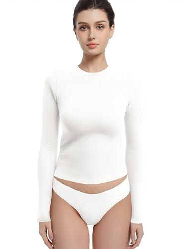 Abonlen Long Sleeve Shirts for Women Crewneck Basic Tees T Shirts Fitted Crop Tops Y2k Going Out Tops (Cream White,Medium)