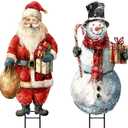 Christmas Decorations Outdoor, 2pcs Large Rustic Santa Claus Snowman Yard Metal Stakes Xmas Decor, 37" Vintage Winter Signs for Lawn Front Door Garden Home Farmhouse Porch Outside