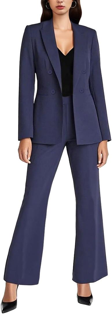 Agenlulu Women's 2 Piece Suits Business Casual Outfits Long Sleeve Solid Blazer Pantsuits Professional Office Work Sets (Large, Navy Blue)