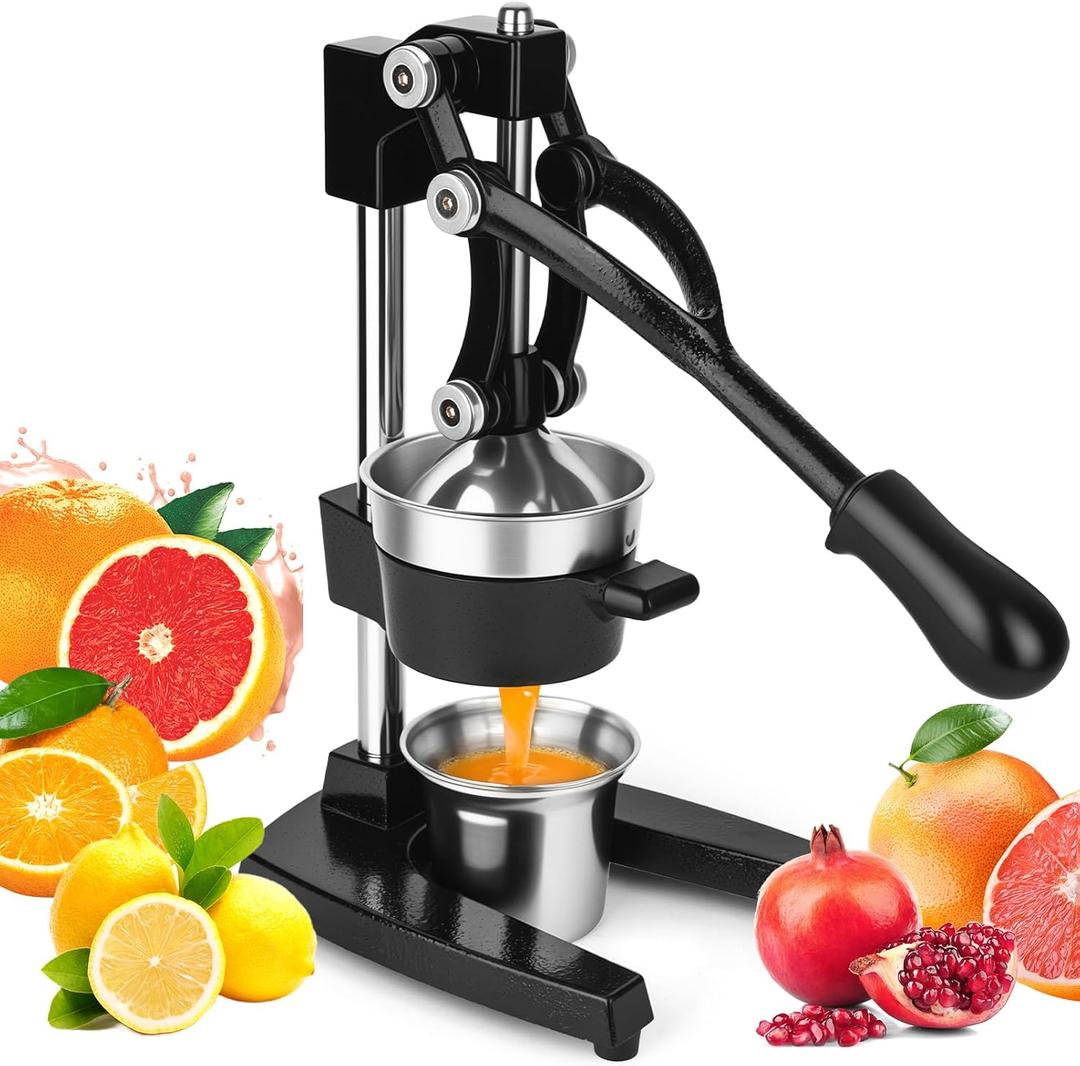 Manual Cast Iron Juicer with Stainless Steel Cup -Heavy-Duty Lemon Squeezer for Maximum Juice Yield & Effortless Cleaning Dishwasher Safe Ideal for Home Kitchens, Restaurants & Lemonade Stands, Black