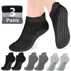 AURUZA Grip Socks for Women Men Pilates Grip Socks Non Slip Yoga Sock with Grips for Barre Barefoot Hospital Grippy Sock (Large, Black/Dark Grey/Light Grey)