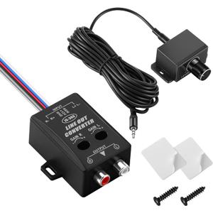 Car Audio Line Output Converter, Includes 3.5mm Jack Port Universal Bass Knob & 2 Channel High to Low Audio Signal Adapter for Adding Amplifier or Subwoofer to Factory Stereo