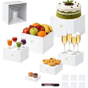 Buffet Risers 6 Pcs Food Display Riser w/ Signs a Pen 8x7x6x5x4x3 Inch Acrylic Catering Dessert Jewelry Figures Show Collectibles Table Decor Cake Display Stand White Cube Showcase Shelf Storage Box