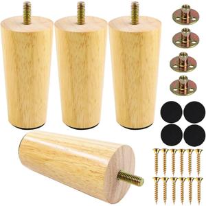 4 Inches Round Solid Wood Furniture Legs Set of 4, Natural Wooden Replacement Feet with Threaded 5/16'' Hanger Bolts for Sofa, Couch, Armchair, Cabinet, TV Stand, Ottoman and Dresser