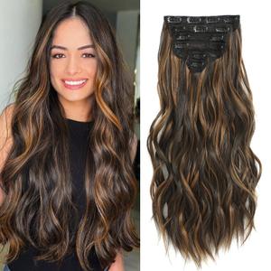 Clip in Hair Extensions, Highlight balayage dark brown Hair Extensions, 6 PCS Hairpieces, Natural & Blends Well (20inch, 6pcs, Dark roasted coffee & Caraamel brown)