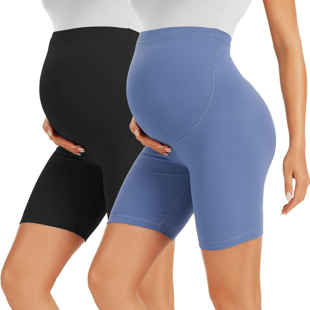 BONVIGOR Buttercloud Maternity Shorts Over The Belly - 5"/8" Biker Shorts for Pregnancy Workout Yoga Athletic Casual Lounge (Small, 2 Pack - Black/Ins Blue)