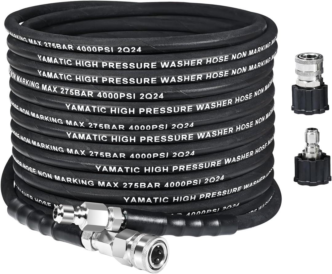 YAMATIC 1/4" Pressure Washer Hose 50FT with Stainless Steel Swivel Quick Connector, 4000 PSI Commercial Grade Steel Wire Braided & Rubber Jacket, Kink Resistant Hot Water Power Washer Hose Max 212°F