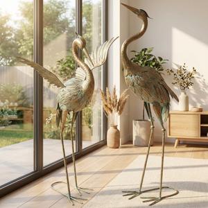 TERESA'S COLLECTIONS Garden Decor, Set of 2 Cranes Garden Decor, 25-26", Elegant Cranes with Golden Painting, Waterproof Metal Garden Statue, Herons Gifts Birthday Gifts for Women Mom (Medium)