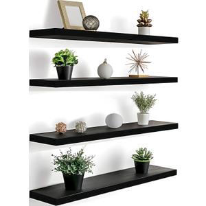 24 Inch Floating Shelves for Wall Rustic Black Wood Wall Shelves for Bedroom Set of 4