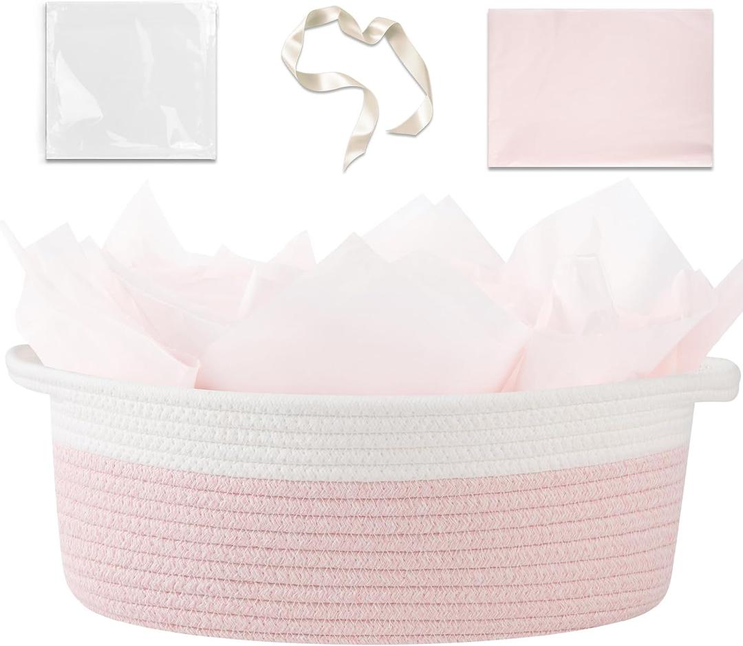 OIAHOMY Gift Basket Empty with Handle, 13.4"x 10"x 5.5" Small Woven Basket with Gift Bag, Ribbon and Wrap Tissue Paper, Dog Toy Storage for Organizing - Pink & White