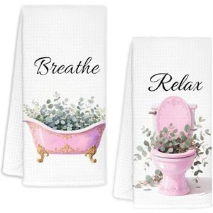 Sage Green Eucalyptus Bathroom Hand Towels Set of 2, Breathe Relax Pink Bathtub Toilet Decorative Hand Towels for Girls Bathroom Spa Gym Yoga, 16x24 Inch