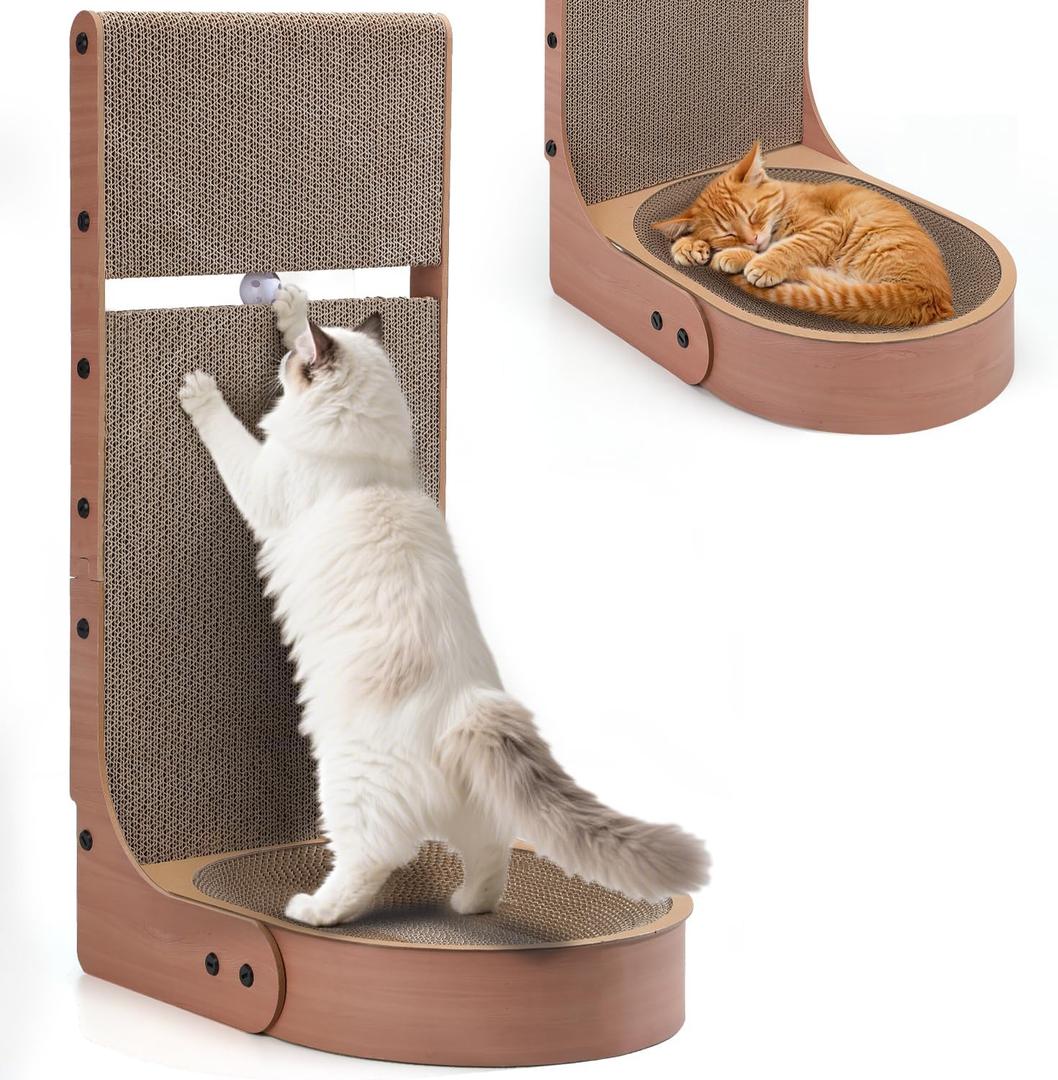 Cat Scratcher, 2 in 1 Multifunctional 26.8 Inch L Shape Cat Scratch Pad Wall Mounted with Oval Cat Scratcher Bed Bowl and Built-in Toy Balls